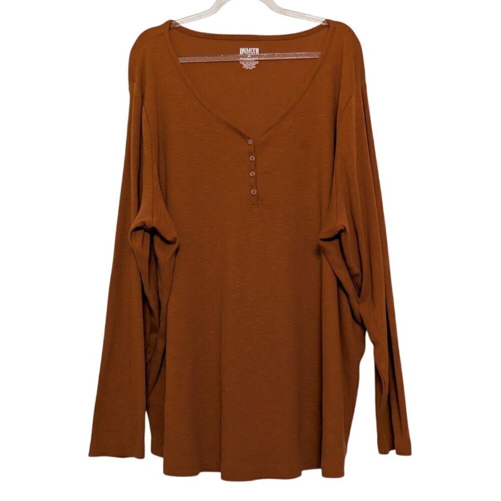 Duluth Trading Co Henley Shirt Womens Size 3XL Brown Stretch V Neck Long Sleeve